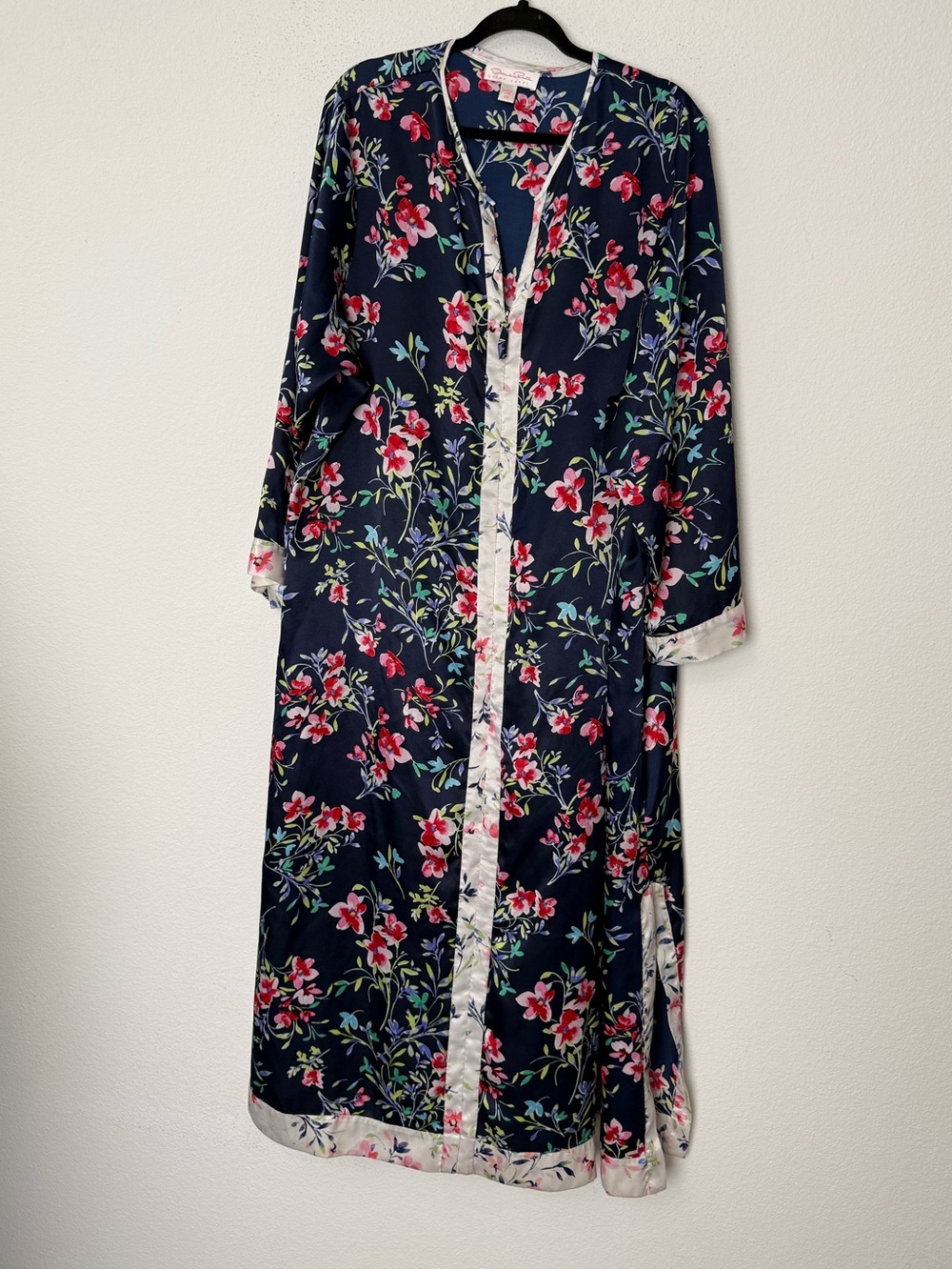 Oscar de la Renta Pink Label 2X Navy Floral Satin Long Robe Kimono Romantic